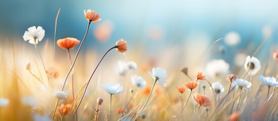 Vibrant wildflowers blooming in a sunlit meadow, with a soft-focus background of greenery