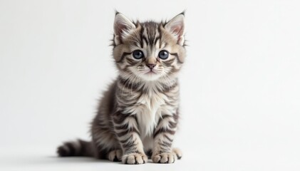 Fluffy grey kitten sits alone, white backdrop, wool, fur