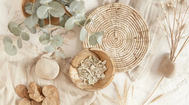 Greenery boho flat lay mockup, eucalyptus leaves product digital background stock photography