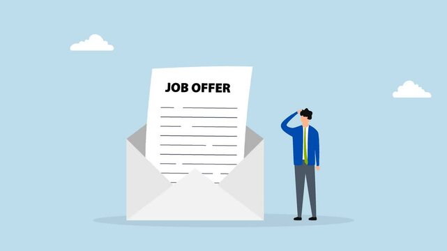 Job offer, 4k animation of entrepreneur applicant considering to accept employment proposal email envelope. 