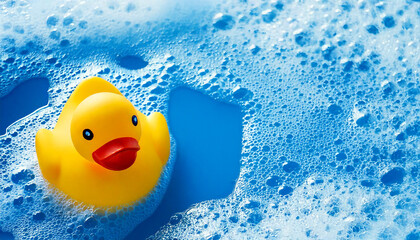 AI generated image of a yellow rubber duck toy in soapy bath water.