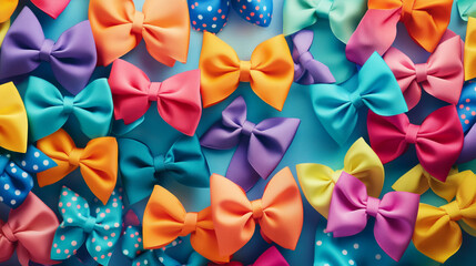 A playful and vibrant background filled with colorful polka dot bows arranged in a whimsical overlapping pattern.