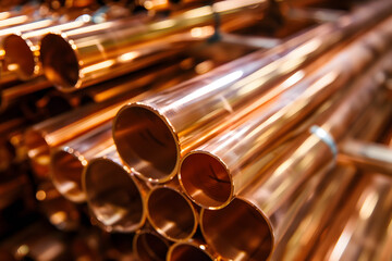 Naklejka premium Many copper pipes stacked in a warehouse. close up of Copper tubes for Construction