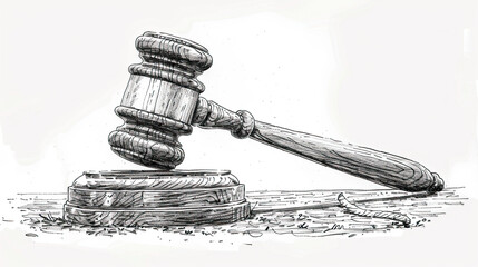 black an white sketch of hammer Law theme, gavel or mallet of the judge, Judges gavel hammer for adjudication of sentences and bills, with a wooden stand. Law and justice concept.