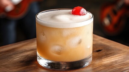 Whiskey Sour Cocktail with Cherry Garnish on Wooden Table, Perfectly Served Over Ice, Ideal for Bar and Drink Enthusiasts, Amazing for Cocktail Lovers