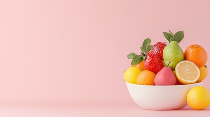 Colorful Assortment of Fresh Fruits in a White Ceramic Bowl on a Soft Pastel Background