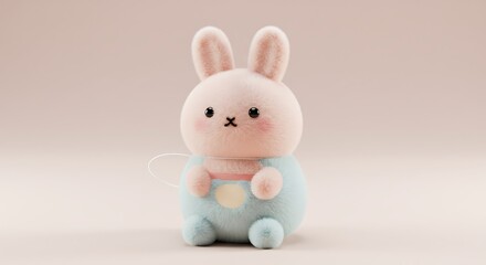 Obraz premium Adorable pastel light pink plush rabbit, light blue outfit. Cute kawaii 3D model.