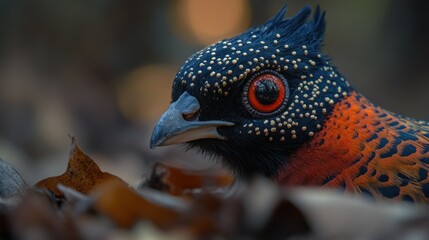 Obraz premium Colorful bird close-up, forest floor, autumn leaves, wildlife photography