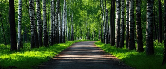Obraz premium Birch tree lane, sunlit path, green forest, nature scene, tranquil wallpaper