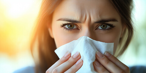 Woman with a frustrated expression holding tissue due to allergies.