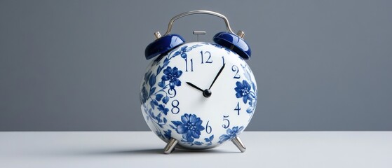 blue and white floral patterned alarm clock on a gray background