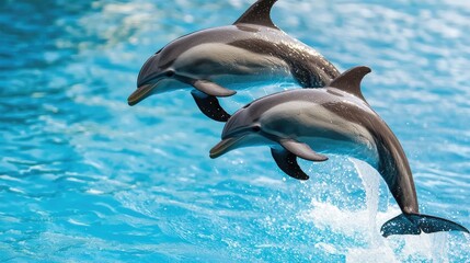 Two Playful Dolphins Leaping Together Above Turquoise Water in Bright Sunny Environment