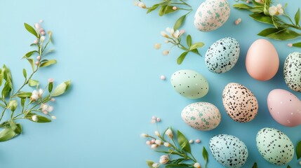 Fototapeta premium Softly Decorated Easter Eggs in Pastel Shades on a Light Blue Background Surrounded by Delicate Greenery and Floral Accents for Seasonal Celebrations