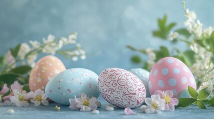 Obraz premium Beautifully Arranged Easter Scene with Pastel Colored Eggs Surrounded by Delicate Flowers on a Soft Blue Background for Spring Celebrations