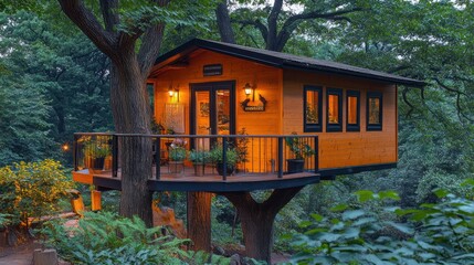 Luxurious treehouse nestled in lush forest.