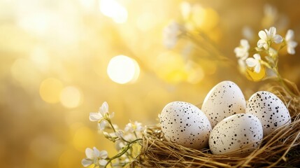 Obraz premium Delicate Artistic Easter Egg Arrangement Nestled in Natural Material with Soft Light and Floral Elements Creating a Serene Atmosphere