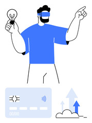 Man wearing a VR headset holds a light bulb, pointing forward. Credit card and upward arrows represent ideas, technology, and progress. Ideal for tech trends, innovation, virtual reality, finance