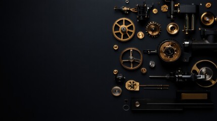 Fototapeta premium Intricate Arrangement of Golden Gears and Mechanical Components on a Dark Background for Industrial and Vintage Design Applications