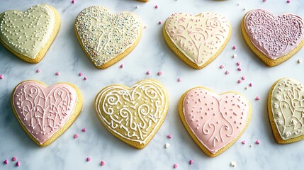 Fototapeta premium A collection of heart-shaped pastel cookies decorated with intricate patterns, arranged on a marble surface with scattered sprinkles.