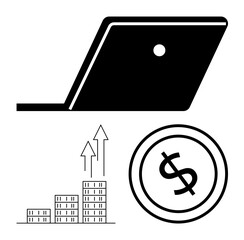 Open laptop silhouette beside increasing bar graph with arrows and dollar coin. Ideal for finance, investments, tech growth, digital assets, e-commerce, business planning, abstract line flat metaphor