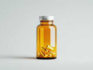 amber glass medicine bottle with gold capsules on a minimal white background