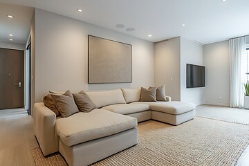 Fototapeta premium This stylish living room, equipped with a beige couch and a plain white wall, serves as a perfect foundation for creative expression and customization.