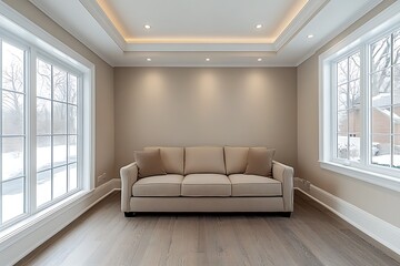 A contemporary living room featuring a beige sofa and a bare white wall offers an ideal backdrop for imaginative decor and personal touches.