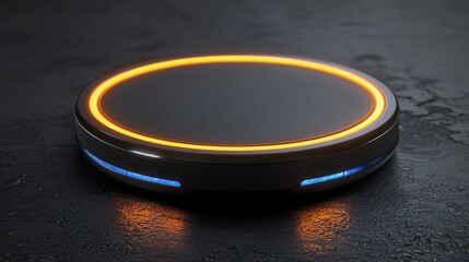 Modern wireless charger with glowing edges on a textured dark surface, showcasing technology