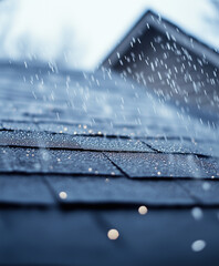Rain pours onto roof shingles, close up view during a storm. Roofing or roofer, leak or water intrusion concept. Homeowner's house during a rainstorm. Severe weather insurance claim concept.