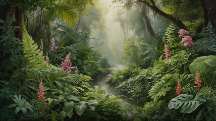 Misty Tropical Rainforest with Flowing River