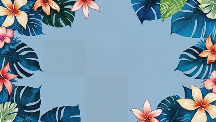 Blue Background with Vibrant Tropical Flowers and Leaves