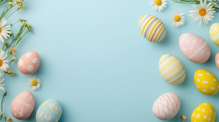 Fototapeta premium Pastel Blue Background with Decorated Easter Eggs and Fresh Daisies in a Delightful Spring Arrangement for Holiday Celebrations