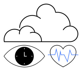 Cloud above an eye with clock and heart with heartbeat icon. Ideal for technology, data storage, time management, analytics, health monitoring, IoT concepts, abstract line flat metaphor