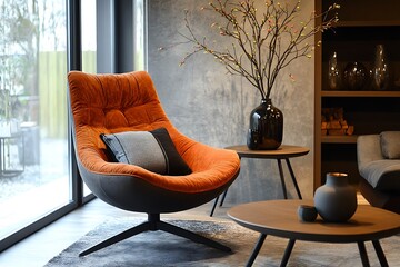 A contemporary living room featuring a comfortable armchair, a stylish table, and decorative tree branches fosters a welcoming and warm ambiance.