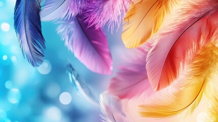 Fototapeta premium Colorful feathers floating on a sparkling blue background, dreamlike image