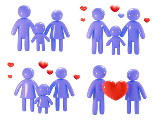 Blue figures family and love symbol with red hearts, highlighting unity and relationships