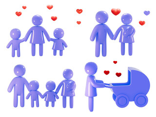 Blue family icons with hearts and baby stroller on white background