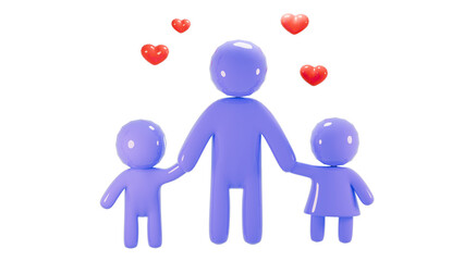 Blue figures family holding hands with floating hearts on white background