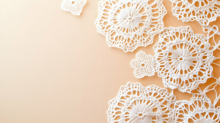 Intricate lace doilies are elegantly arranged, enhancing the warmth of the soft backdrop