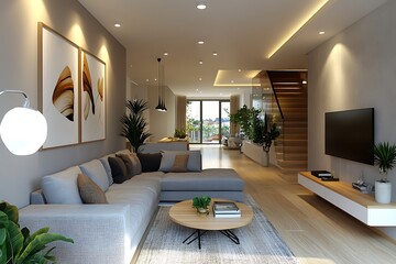 With a grey fabric sofa, a wooden side table, and a white ceiling lamp set against a wooden floor, this modern living room offers a trendy and cozy atmosphere.