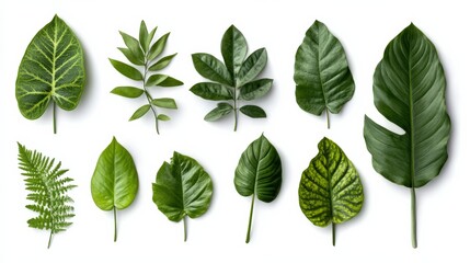 assorted tropical green leaves on white background
