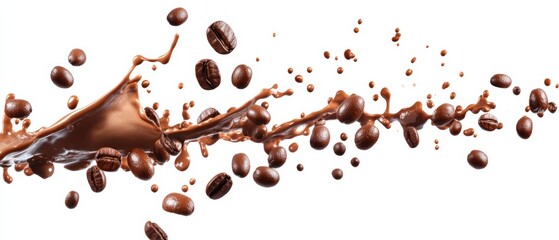 splash of hot chocolate or coffee with coffee beans isolated on white