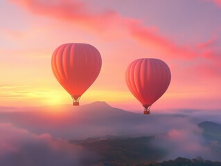 Naklejka premium two hot air balloons soar above a misty mountain valley at sunrise