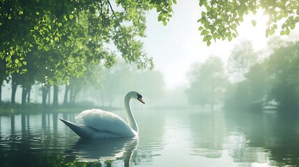 Beautiful Swan Floating in Quiet Water with Reflections