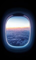 View from an airplane window at night showcasing clouds and sunset hues