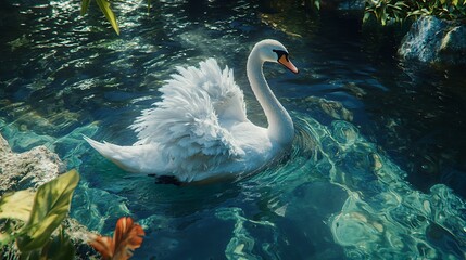 Beautiful Swan Swimming in Transparent Clear Water