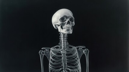 x-ray of a human skeleton torso and skull on a black background