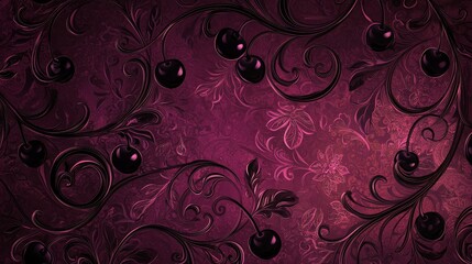Elegant floral background with dark cherries on a purple textured surface in a rich decorative style. Generative AI