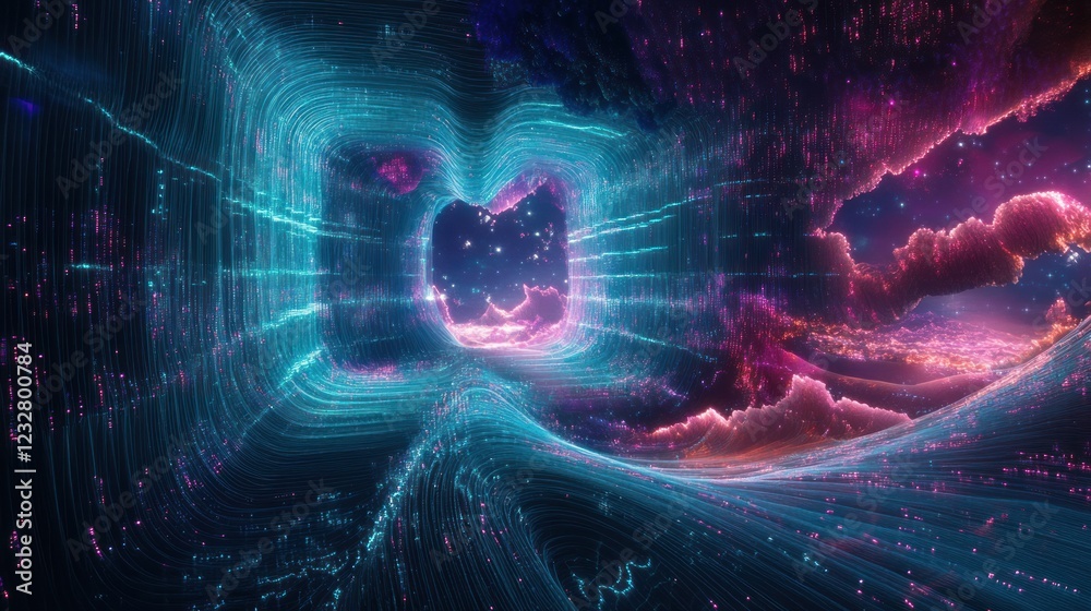 Poster abstract digital landscape with glowing lines and nebula