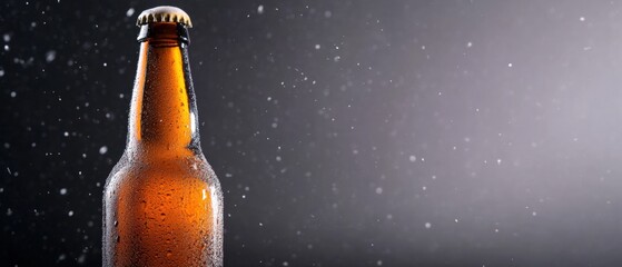 close up of a wet beer bottle with condensation on a dark background